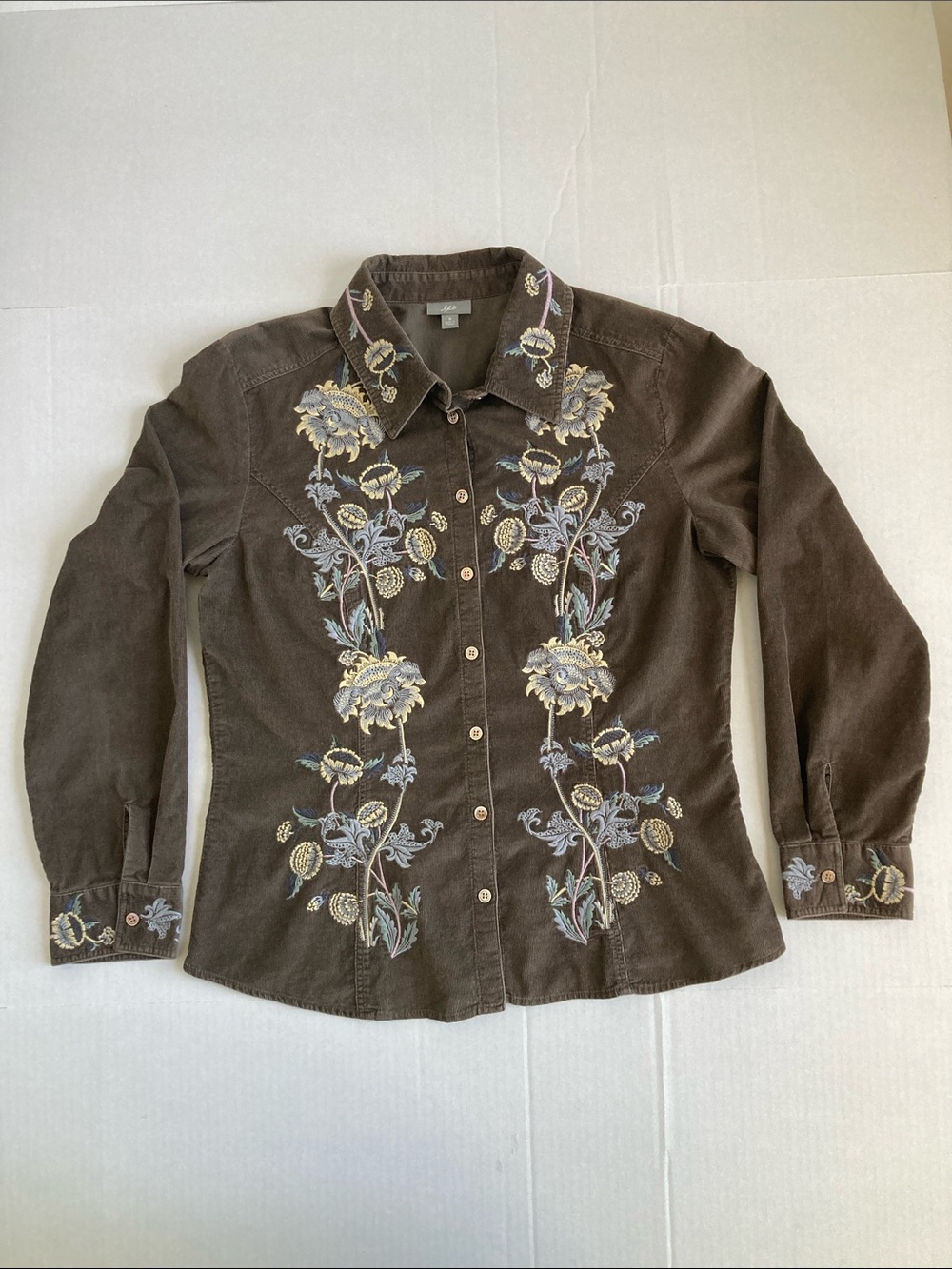 J. Jill Brown Corduroy Button-Down Shirt with Blue & Cream Floral Embroidery